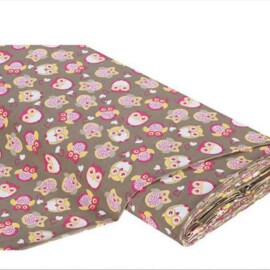 Cotton fabric "Owls taupe ,pink "