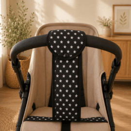 Crotch strap for stroller, Stars print on a black