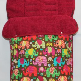 Buggy footmuff for "Joie " , Elephants on a brown/ terrycloth red