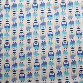 Cotton Fabric "Owls print blue  on a white "