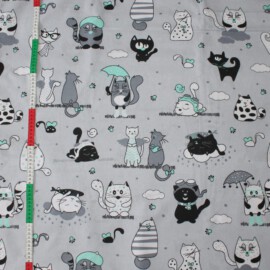 Cotton fabric ,cats print on a gray