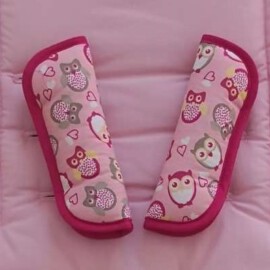 Stroller harness shoulder pads, Owls on a pink background