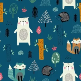 Softshell waterproof fabric  forest animals on a blue