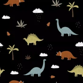 Softshell waterproof fabric , dinosaurs print on a black