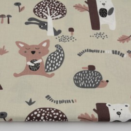 Cotton Fabric "teddy bears, foxes, hedgehogs on a beige