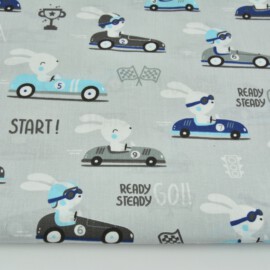 Cotton fabric , rabbits print on a gray
