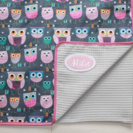 Light baby blanket , Cotton Fabric ”Owls on a gray"
