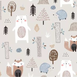 Softshell waterproof fabric  forest animals on a light gray/beige