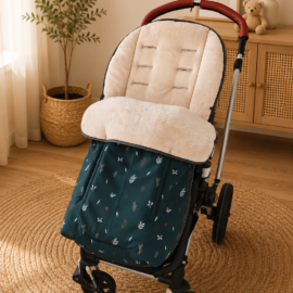 Buggy footmuff for "Baby Jogger " , Softshell waterproof fabric "Emerald Twigs/Fleece beige