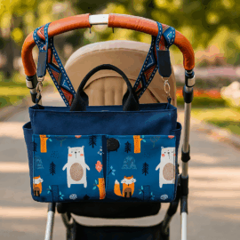 Stroller bag ,canvas dark blue ,animals print